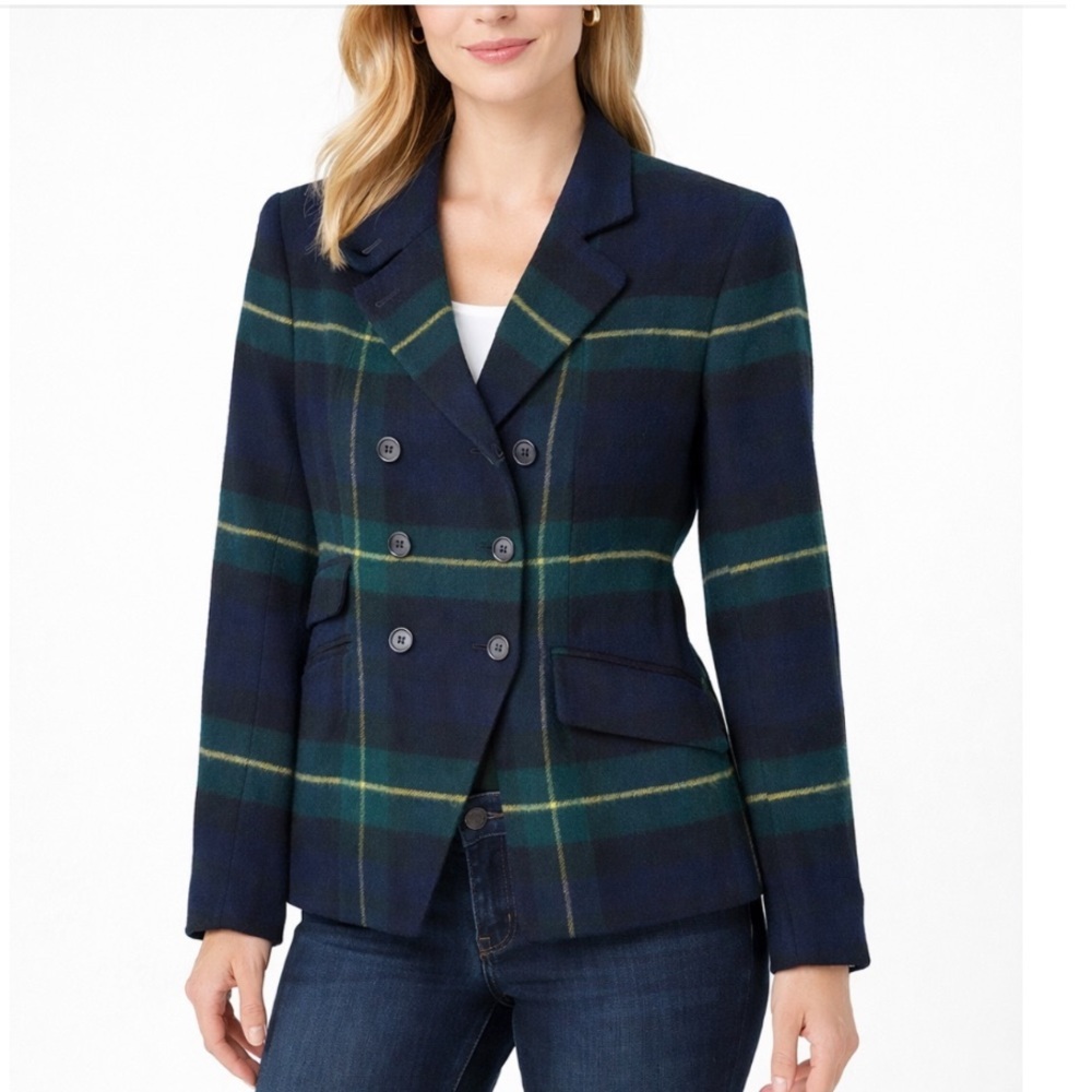 DKNY Vintage Tartan Plaid Lambswool Double Breasted Blazer Jacket